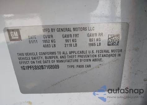 2011 Chevrolet Cruze 1Lt from USA, damaged, VIN 1G1PF5S92B7168909